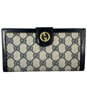 Gucci Continental Wallet Navy Blue Monogram Canvas Leather Dark Academia Classic